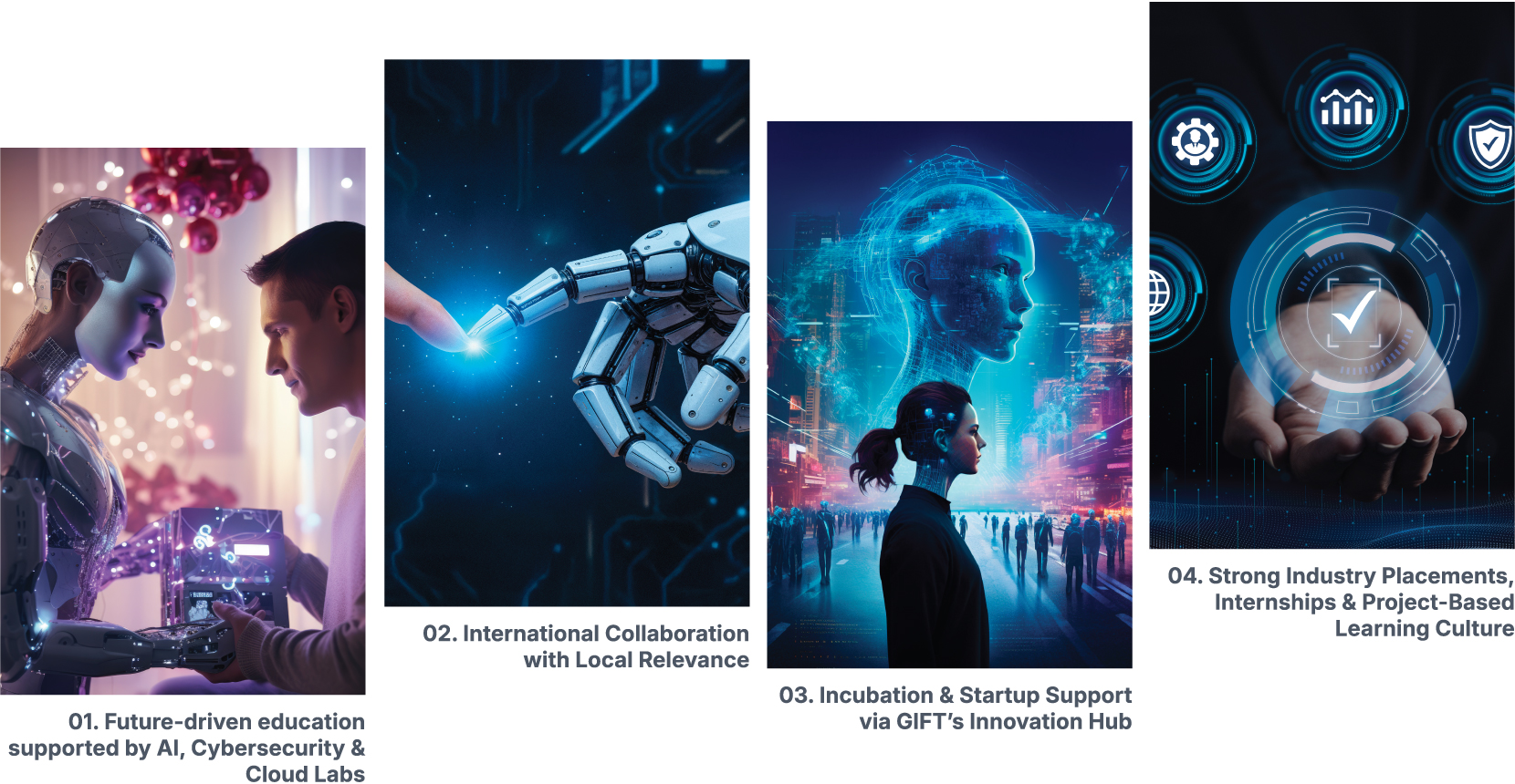 Four SEAS highlights — Future-driven education supported by AI, Cybersecurity & Cloud Labs; International Collaboration with Local Relevance; Incubation & Startup Support via GIFT's Innovation Hub; Strong Industry Placements, Internships & Project-Based Learning Culture